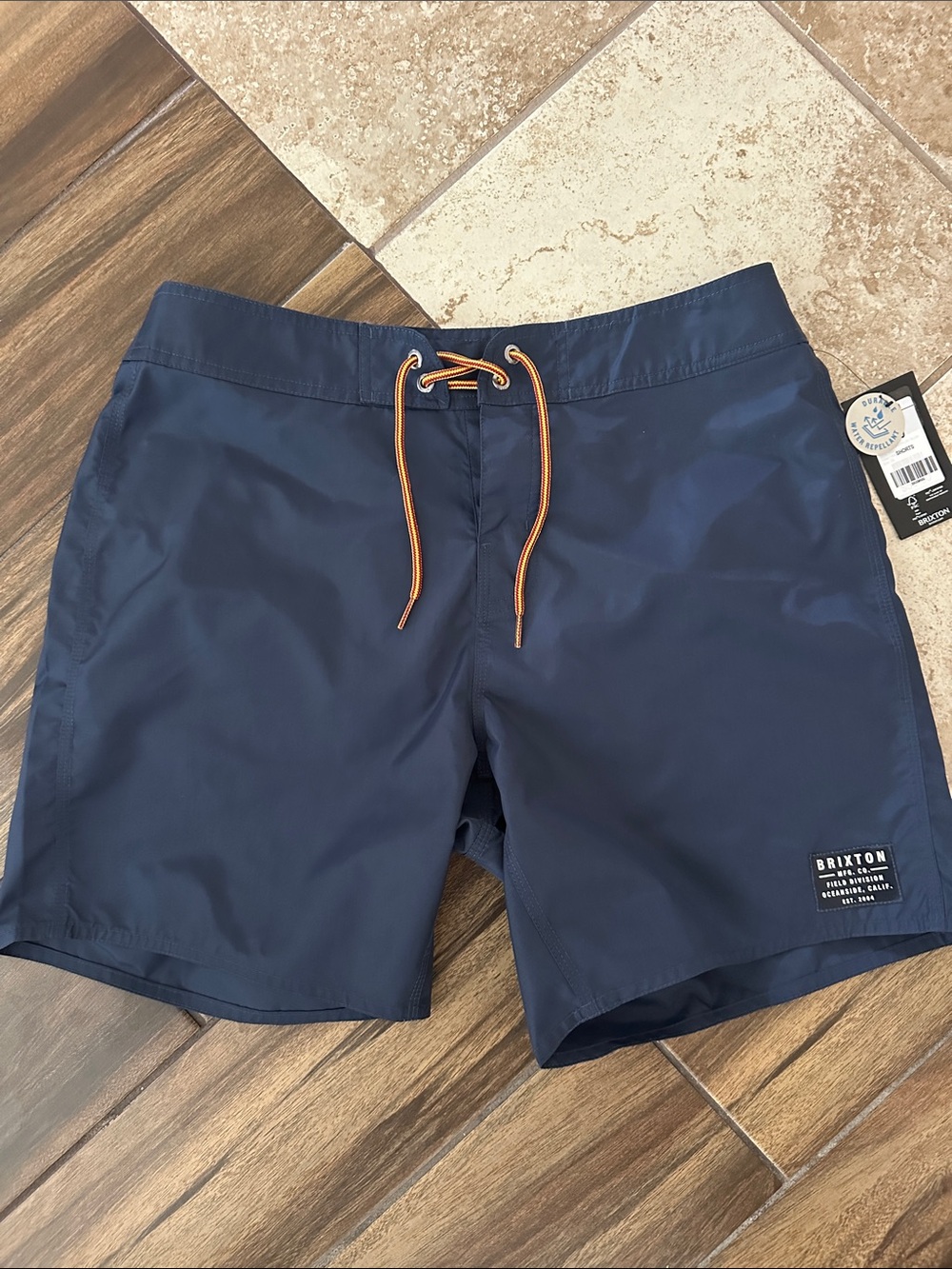 Brixton Vintage Nylon Men's Navy Swim Trunks with Orange Drawcord 30